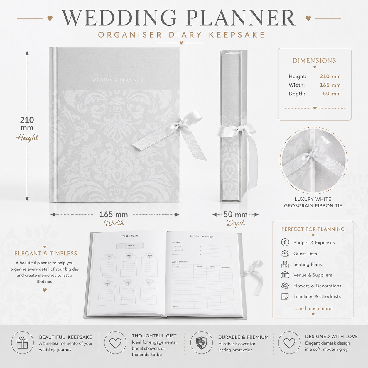 Wedding Planner Diary Organiser Bridal Planning Book Keepsake Grey Damask