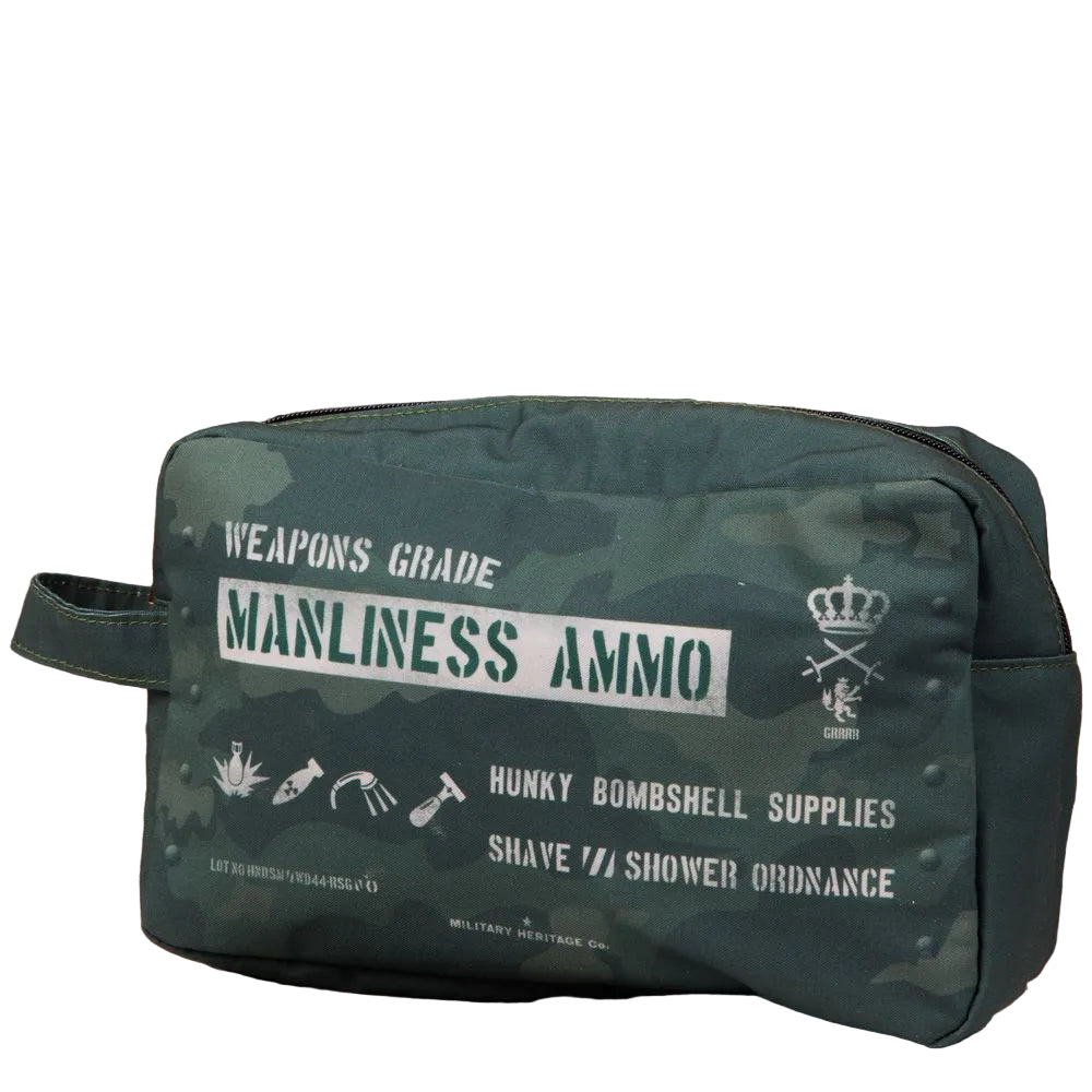 Green military style camo toiletry bag with humorous text