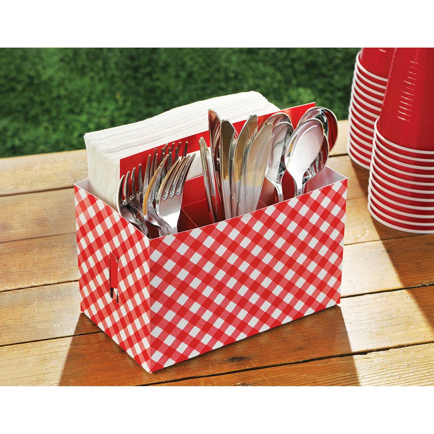 Red Gingham Cardboard Utensil Caddy - Picnic, Party