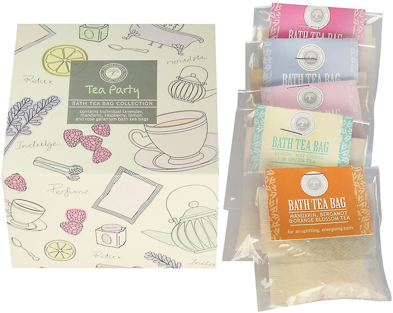 Wild Olive Tea Party gift box beside five individually wrapped bath tea bags
