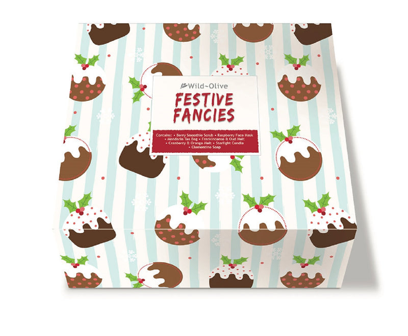 Wild Olive Festive Fancies Christmas gift box with pudding and holly illustrations