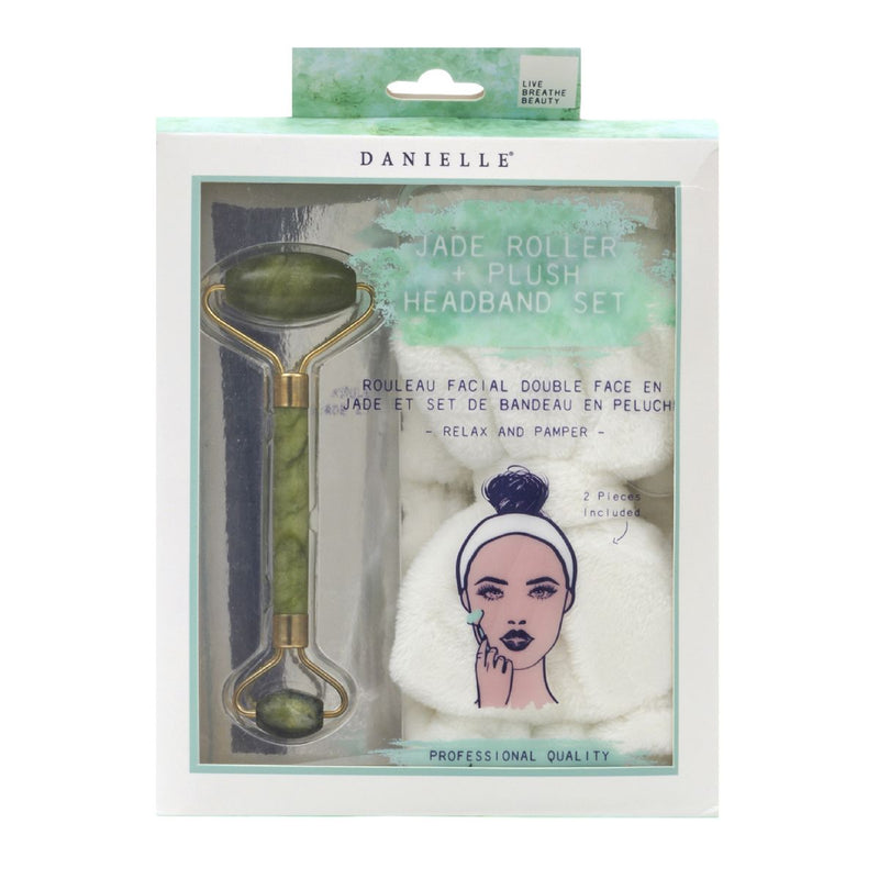 Danielle Creations jade facial roller and plush headband in a mint-green gift box