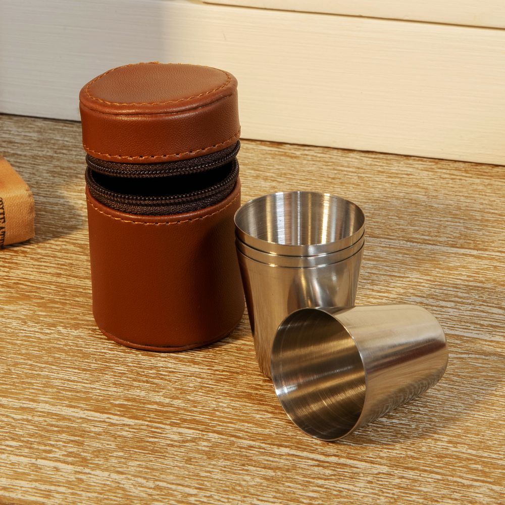 Engravable Hip Flask Gift Set with Shot Glasses - Checkered Leatherette & Stainless Steel